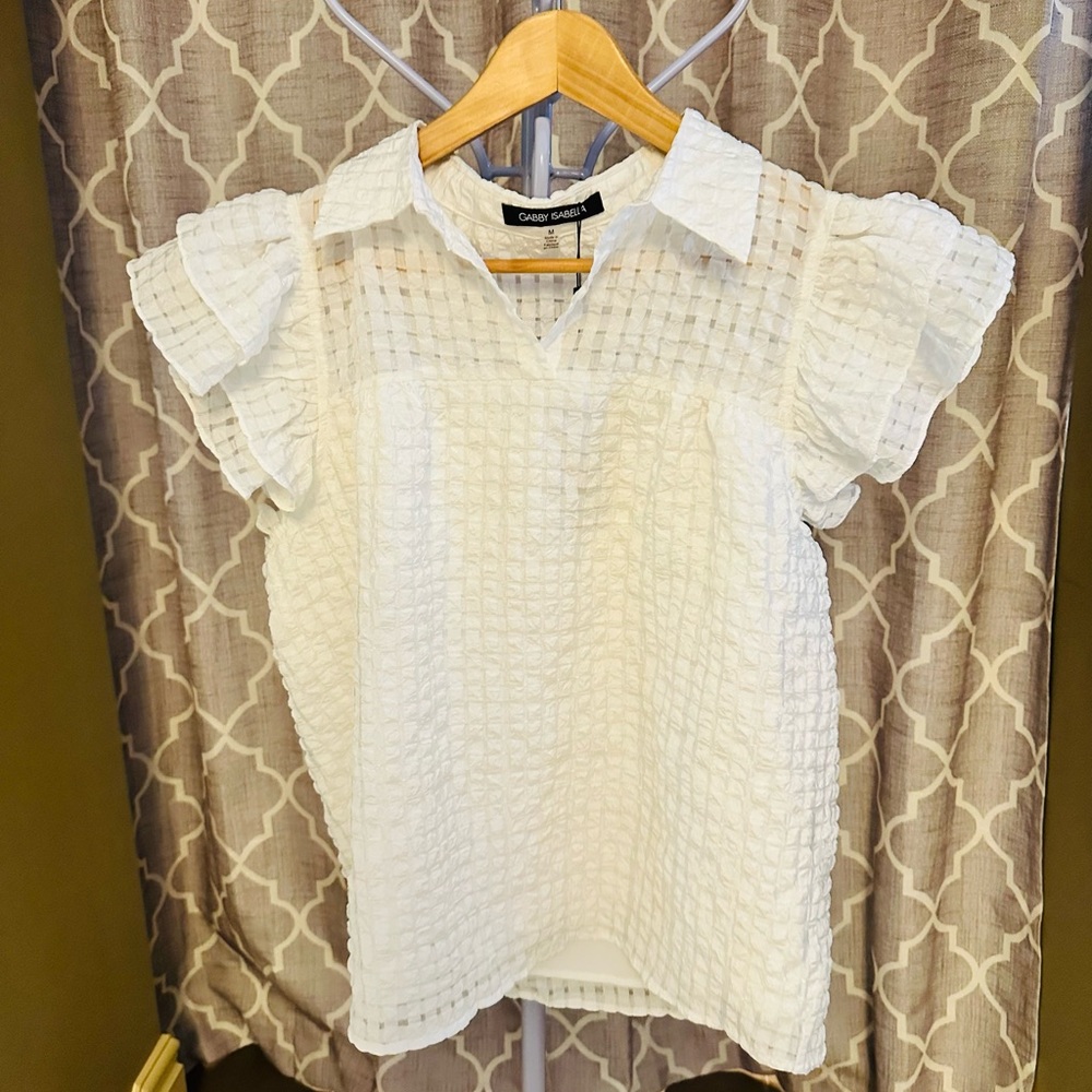 Gabby Isabella White Textured Puff-Sleeve Blouse